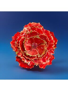 Vintage Signed Sandor Enamel Metal Flower Brooch Pin Red With Rhinestone